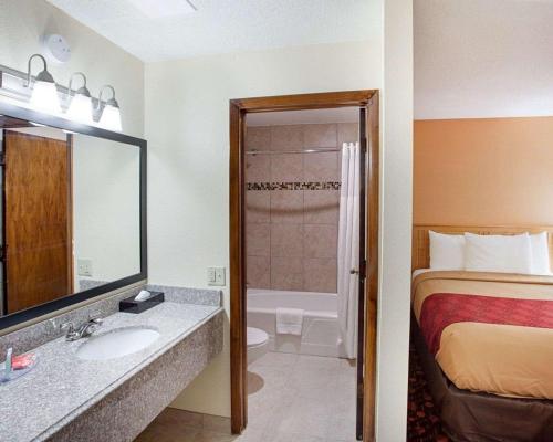 Habitación de hotel con baño con cama y lavamanos en EconoLodge Phillipsburg, en Phillipsburg