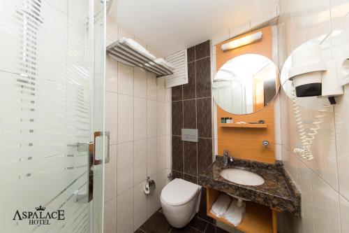 a bathroom with a toilet and a sink and a mirror at Aspalace Hotel The Istanbul Old City in Istanbul