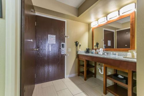 uma casa de banho com um lavatório duplo e uma porta castanha em Comfort Inn & Suites Lexington em Lexington