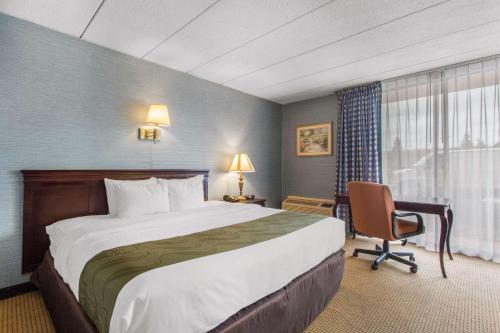 Quality Inn West Springfield في ويست سبرينغفيلد: غرفة فندقية بسرير كبير وكرسي