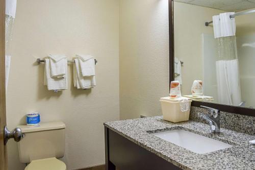 a bathroom with a toilet and a sink and a mirror at Quality Inn & Suites Clackamas - Portland in Clackamas