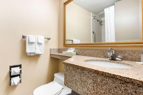 ein Badezimmer mit einem Waschbecken, einem WC und einem Spiegel in der Unterkunft Quality Inn & Suites in Charleston