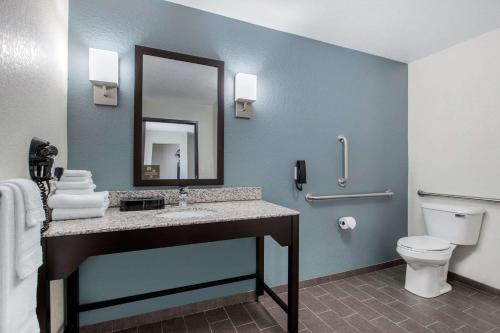 a bathroom with a sink and a toilet and a mirror at Sleep Inn & Suites Ankeny - Des Moines in Ankeny