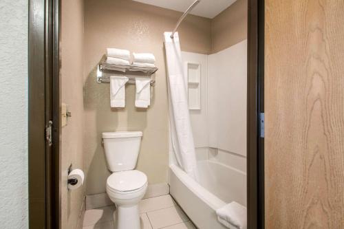 a small bathroom with a toilet and a bath tub at Quality Inn Madison West Near University Area in Madison