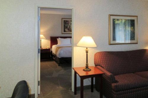 Quality Inn & Suites Albuquerque Downtown University في ألباكيركي: غرفه فندقيه بسرير واريكه ومصباح