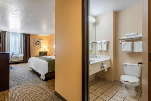 a hotel room with a bed and a bathroom at Quality Inn & Suites Albuquerque North near Balloon Fiesta Park in Albuquerque