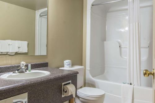 a bathroom with a sink and a toilet and a shower at Rodeway Inn King William Huntsville in Huntsville
