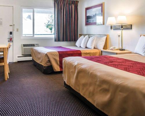 
a hotel room with a bed and a desk at Econo Lodge Downtown Colorado Springs in Colorado Springs
