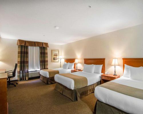 グランド・プレーリーにあるQuality Inn & Suitesのベッド2台とデスクが備わるホテルルームです。