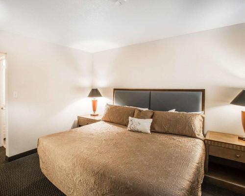 a bedroom with a large bed and two lamps at Rodeway Inn Greeley in Evans
