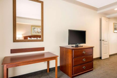 a room with a television on a dresser and a mirror at Quality Inn & Suites Tarpon Springs South in Tarpon Springs