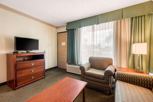 a hotel room with a couch chair and a television at Quality Inn & Suites Tarpon Springs South in Tarpon Springs