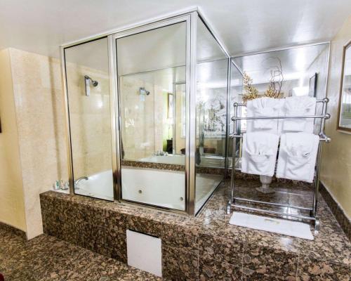 Quality Inn Oceanfront في شاطئ أورموند: حمام مع دش زجاجي مع مناشف بيضاء
