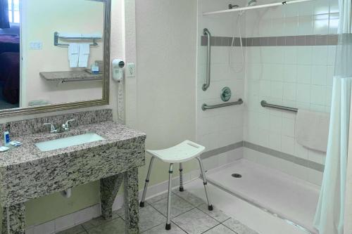 y baño con lavabo, ducha y aseo. en Rodeway Inn Gainesville - University Area, en Gainesville