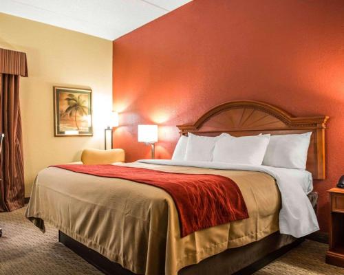 Pokój hotelowy z dużym łóżkiem z czerwonymi ścianami w obiekcie Comfort Inn & Suites Panama City - St Andrew w mieście Panama City