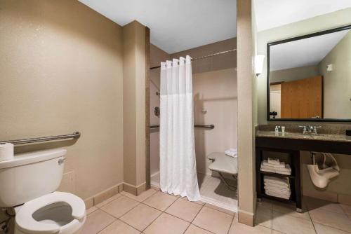 a bathroom with a toilet and a sink and a shower at Comfort Suites Tampa Airport North in Tampa
