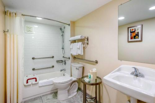 a bathroom with a white toilet and a sink at Quality Inn Savannah Historic District in Savannah