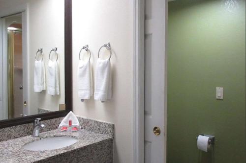 a bathroom with a sink and a mirror and towels at Rodeway Inn Albany South in Albany