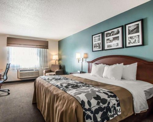Mount VernonにあるSleep Inn & Suites Mount Vernonの大きなベッドと椅子が備わるホテルルームです。