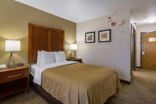 WaverlyにあるQuality Inn Waverlyの大きなベッドとドアが備わるホテルルームです。