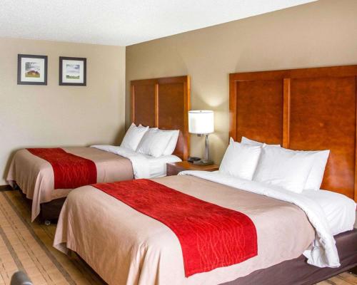 Habitación de hotel con 2 camas y mantas rojas en Comfort Inn & Suites Coralville - Iowa City near Iowa River Landing, en Coralville