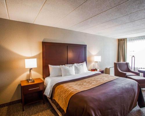 a hotel room with a large bed and a chair at Quality Inn & Suites Orland Park - Chicago in Orland Park