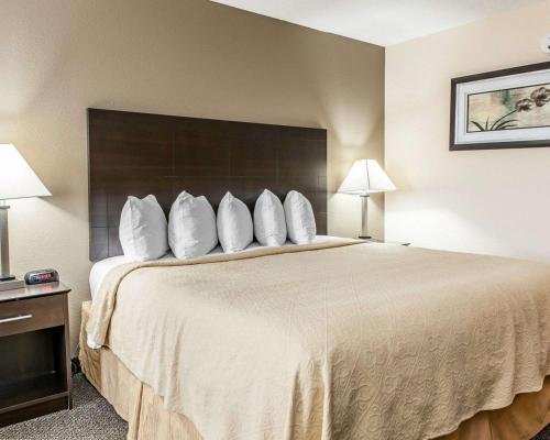 a hotel room with a large bed with white pillows at Quality Inn & Suites Mattoon South in Mattoon