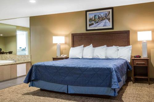 Habitación de hotel con cama y baño en Rodeway Inn Lyons - La Grange, en Lyons