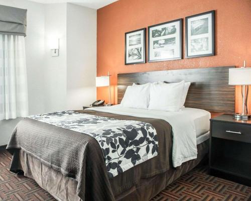 奧法倫的住宿－Sleep Inn O'Fallon near I-64，一张大床,位于酒店带橙色墙壁的房间