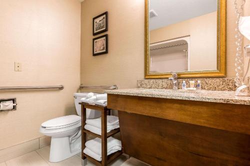 a bathroom with a toilet and a sink with a mirror at Comfort Inn & Suites Mishawaka-South Bend in South Bend