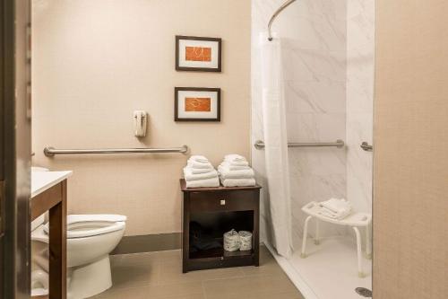 a bathroom with a toilet and a shower at Comfort Suites North in Fort Wayne