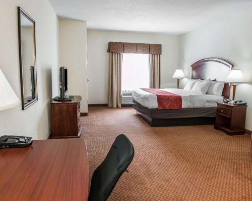 a large hotel room with a bed and a desk at Comfort Suites near Indianapolis Airport in Indianapolis