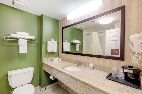 a bathroom with a toilet and a sink with a mirror at Sleep Inn Columbia Gateway in Jessup