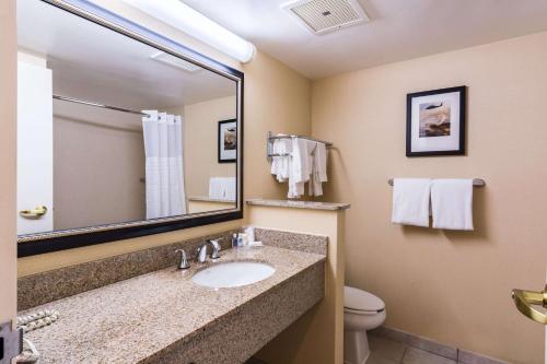 a bathroom with a sink and a toilet and a mirror at Comfort Inn Washington DC Joint Andrews AFB in Clinton