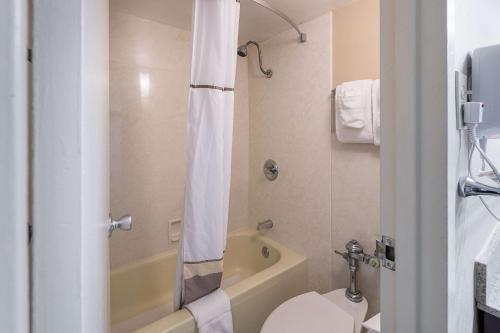 a bathroom with a toilet and a tub and a sink at Quality Inn University Lansing in Lansing