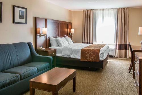 a hotel room with a bed and a couch at Comfort Suites in Wixom