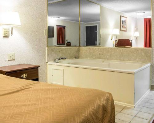 a hotel room with a bed and a bath tub at Rodeway Inn Madison Heights in Madison Heights