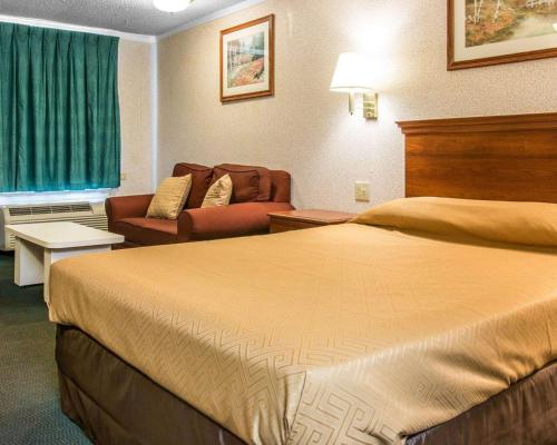 a hotel room with a large bed and a couch at Rodeway Inn Madison Heights - Detroit in Madison Heights