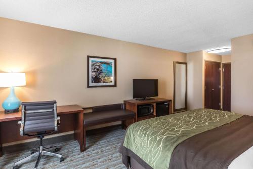 a hotel room with a bed and a desk and a computer at Comfort Inn Bay City - Riverfront in Bay City