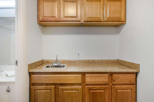 a kitchen with a sink and wooden cabinets at Rodeway Inn Auburn Hills in Auburn Hills