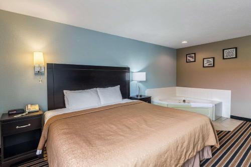 a hotel room with a bed and a bath tub at Rodeway Inn in Ludington
