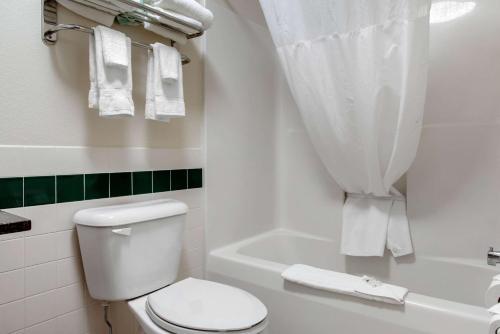 a white bathroom with a toilet and a bath tub at Quality Inn near Medical Center in Rochester