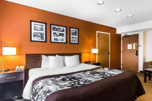 a hotel room with a large bed with orange walls at Sleep Inn Springfield South I60 near Medical District in Springfield