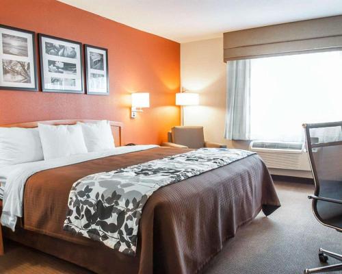 a hotel room with a bed and a window at Sleep Inn & Suites Lake of the Ozarks in Camdenton