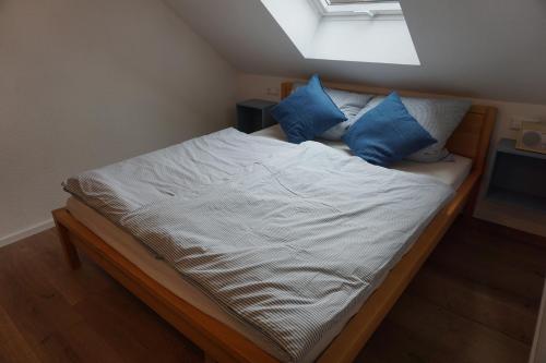 ヒンターツァルテンにあるFerienwohnung Neuweltのベッドルーム(青い枕付きの大型ベッド1台付)