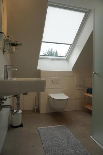 a bathroom with a sink and a toilet with a skylight at Ferienwohnung Neuwelt in Hinterzarten