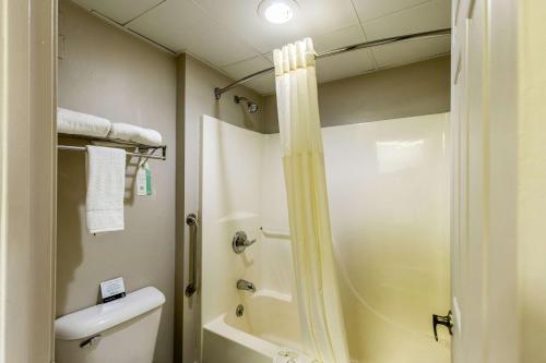 a small bathroom with a shower and a toilet at Quality Inn in Rolla