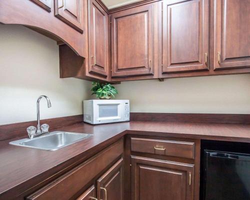 a kitchen with wooden cabinets and a sink and a microwave at Econo Lodge Dexter in Dexter