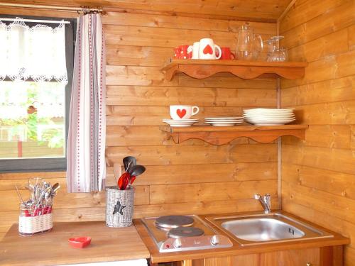 a kitchen with a sink and a wooden wall at Les Chalets des Mousquetaires in Mirepoix