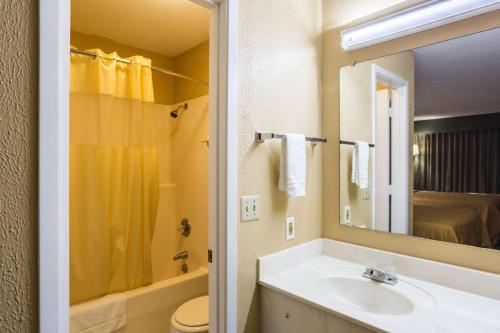 a bathroom with a sink and a toilet and a mirror at Rodeway Inn in Hazlehurst